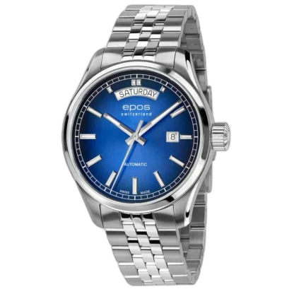Szwajcarski zegarek Epos Passion 3501.142.20.96.30 z niebieską tarczą typu sunburst, datownikiem i wskazaniem dnia tygodnia, na eleganckiej stalowej bransolecie.