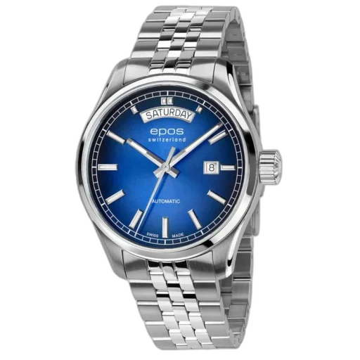 Szwajcarski zegarek Epos Passion 3501.142.20.96.30 z niebieską tarczą typu sunburst, datownikiem i wskazaniem dnia tygodnia, na eleganckiej stalowej bransolecie.