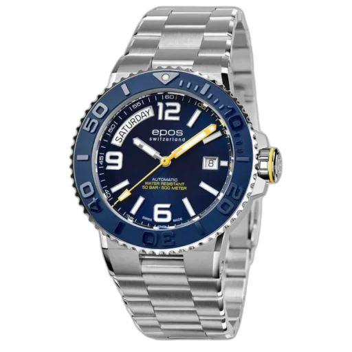 Sportowy zegarek Epos Sportive DD 3441.142.96.96.30 z granatową tarczą i bezelem, wskazaniem dnia i daty, wodoszczelnością do 500 metrów i stalową bransoletą.