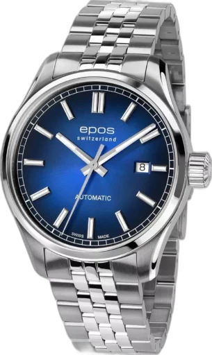 Szwajcarski zegarek Epos Passion 3501.132.20.16.30 z niebieską tarczą typu sunburst, srebrnymi indeksami i bransoletą ze stali nierdzewnej. Klasyczny styl z datownikiem i mechanizmem automatycznym.
