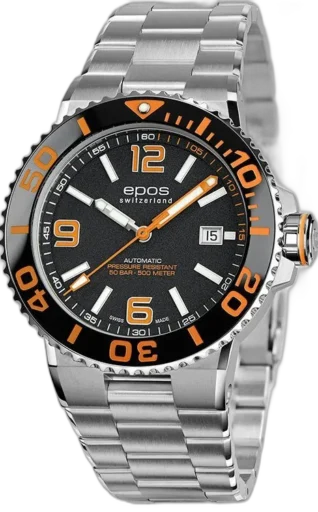 Zegarek Epos Sportive 3441.131.99.52.30 z czarną tarczą i pomarańczowymi detalami, obrotowy bezel, stalowa bransoleta i datownik. Automatyczny mechanizm Swiss Made, wodoodporność do 500 metrów – dynamiczny design dla aktywnych miłośników zegarków.