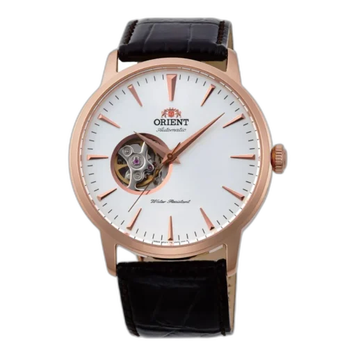 Zegarek Orient Classic Automatic FAG02002W0 z automatycznym mechanizmem, białą tarczą typu Open Heart z widocznym balansem, kopertą w kolorze różowego złota oraz brązowym paskiem ze skóry o fakturze krokodyla. Stylowy model łączący klasyczną formę z nowoczesnym akcentem.
