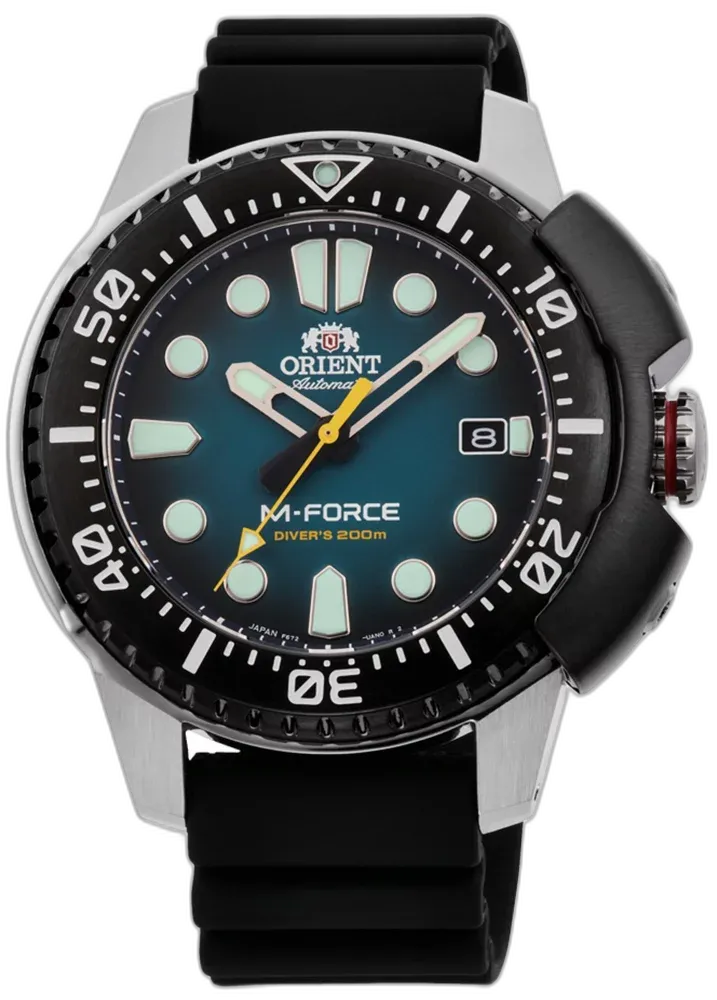 Zegarek Orient M-Force RA-AC0L04L00B z automatycznym naciągiem, gradientową niebiesko-zieloną tarczą i masywną kopertą z osłoną koronki. Wyposażony w luminescencyjne indeksy, datownik, jednostronnie obrotowy bezel oraz czarny gumowy pasek – idealny do nurkowania i intensywnego użytkowania.