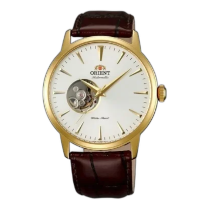 Zegarek Orient Classic Automatic FAG02003W0 z automatycznym mechanizmem, białą tarczą z widocznym balansem (Open Heart) na godzinie 9, złotą kopertą oraz brązowym skórzanym paskiem o fakturze krokodyla. Elegancki model idealny na formalne okazje.