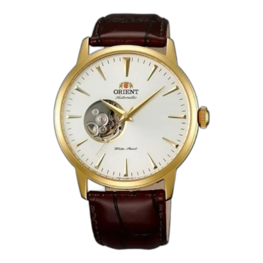 Zegarek Orient Classic Automatic FAG02003W0 z automatycznym mechanizmem, białą tarczą z widocznym balansem (Open Heart) na godzinie 9, złotą kopertą oraz brązowym skórzanym paskiem o fakturze krokodyla. Elegancki model idealny na formalne okazje.