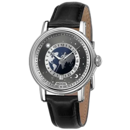 Zegarek Epos Emotion Globe 3390.302.20.54.25 z automatycznym mechanizmem i unikalną tarczą przedstawiającą mapę świata. Model posiada wskaźnik 24-godzinny, datownik na godz. 6 oraz elegancki skórzany pasek. Stylowy, szwajcarski zegarek z linii Emotion o wyjątkowym designie inspirowanym globem.