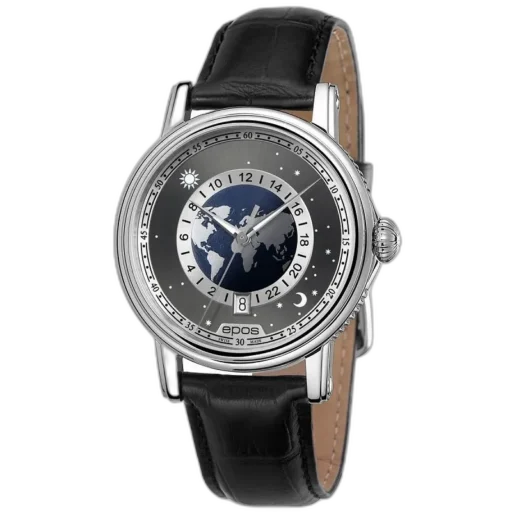 Zegarek Epos Emotion Globe 3390.302.20.54.25 z automatycznym mechanizmem i unikalną tarczą przedstawiającą mapę świata. Model posiada wskaźnik 24-godzinny, datownik na godz. 6 oraz elegancki skórzany pasek. Stylowy, szwajcarski zegarek z linii Emotion o wyjątkowym designie inspirowanym globem.