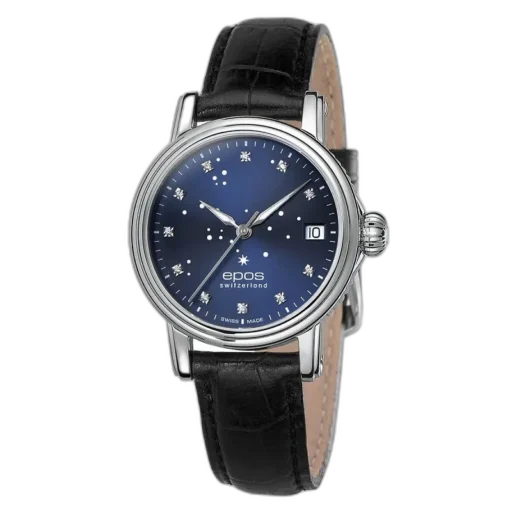 Elegancki zegarek damski Epos North Star 4390.152.20.96.15 z granatową tarczą ozdobioną diamentami i motywem gwiazd. Wyposażony w datownik przy godzinie 3, automatyczny mechanizm Swiss Made i czarny skórzany pasek. Idealny wybór dla kobiet ceniących luksus i precyzję.