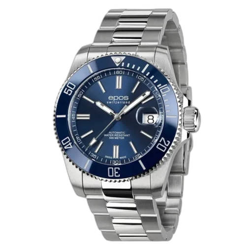 Zegarek nurkowy Epos Sportive Diver 3504.131.96.16.30 z niebieską tarczą i obrotowym bezelem, na stalowej bransolecie. Model automatyczny, wodoodporny do 500 metrów, z datownikiem powiększonym lupką przy godzinie 3 i wskazówkami pokrytymi powłoką luminescencyjną.