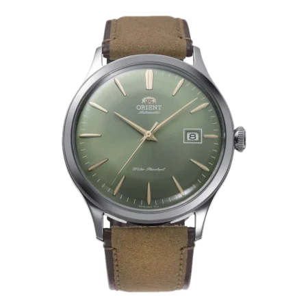 Zegarek męski Orient Automatic z brązowym skórzanym paskiem, srebrną kopertą i zieloną tarczą