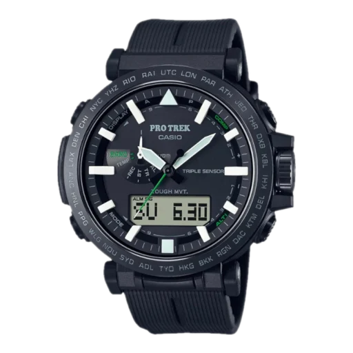 Zegarek Casio Pro Trek PRW-6621Y-1ER z czarnym silikonowym paskiem. Wyposażony w analogowo-cyfrowy wyświetlacz z białymi wskaźnikami oraz zielonymi akcentami. Posiada funkcje takie jak kompas, wysokościomierz, barometr oraz termometr. Solidna, odporna na wodę konstrukcja idealnie nadaje się na aktywności na świeżym powietrzu i ekstremalne warunki.