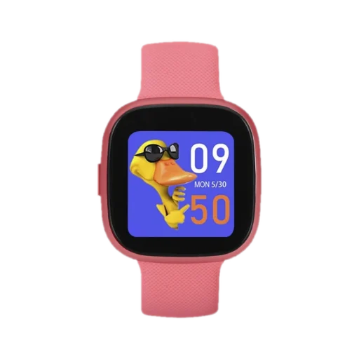 Różowy smartwatch Garett Kids Fit dla dzieci z kolorowym wyświetlaczem. Na ekranie widoczny jest zabawny obrazek kaczki w okularach przeciwsłonecznych oraz godzina 09:50, data 5/30. Urządzenie idealne do monitorowania aktywności dziecka i oferujące funkcje zapewniające bezpieczeństwo.