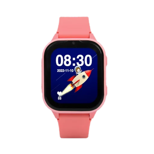Różowy smartwatch Garett Kids Sun Ultra 4G dla dzieci z kolorowym wyświetlaczem. Na ekranie widoczna jest godzina 08:30, data 2022-11-10 oraz grafika przedstawiająca dziecko lecące w rakiecie na niebieskim tle. Urządzenie oferuje funkcję łączności 4G, idealne do monitorowania aktywności dziecka i zapewnienia bezpieczeństwa.