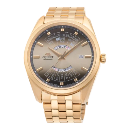 Zegarek Orient Automatic - złoty, z bransoletą ze stali nierdzewnej, wyświetlający miesiące, dni tygodnia, numer tygodnia oraz datę