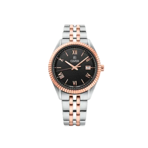 Męski zegarek COVER Alston Gent o średnicy 40 mm z czarną tarczą ozdobioną subtelnym wzorem i rzymskimi cyframi w kolorze różowego złota. Zegarek posiada datownik na godzinie 3 oraz elegancką stalową kopertę w srebrnym kolorze, wykończoną różowym złotem. Dwukolorowa bransoleta w srebrze i różowym złocie podkreśla jego nowoczesny i elegancki styl.
