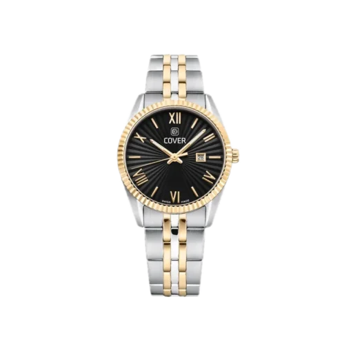 Elegancki zegarek damski COVER Alston Lady o średnicy 30 mm. Czarno-złota tarcza z rzymskimi cyframi i datownikiem na godzinie 3. Stalowa koperta z dwukolorowym wykończeniem w srebrze i złocie. Zegarek posiada dwukolorową bransoletę w tonacji srebrno-złotej, co podkreśla jego klasyczny styl. Idealny wybór na każdą okazję, łączący styl z funkcjonalnością.