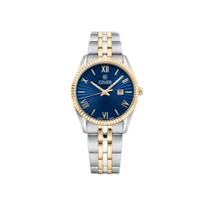 Stylowy zegarek damski COVER Alston Lady o średnicy 30 mm. Model wyróżnia się niebieską, promienistą tarczą ozdobioną złotymi cyframi rzymskimi i indeksami. Koperta wykonana ze stali nierdzewnej z dwukolorowym wykończeniem – srebrnym i złotym. Bransoleta, podobnie jak koperta, jest dwukolorowa, co nadaje zegarkowi elegancki wygląd. Dodatkowo, zegarek posiada funkcję datownika umieszczoną na godzinie 3, co podkreśla jego praktyczność i stylowy design.