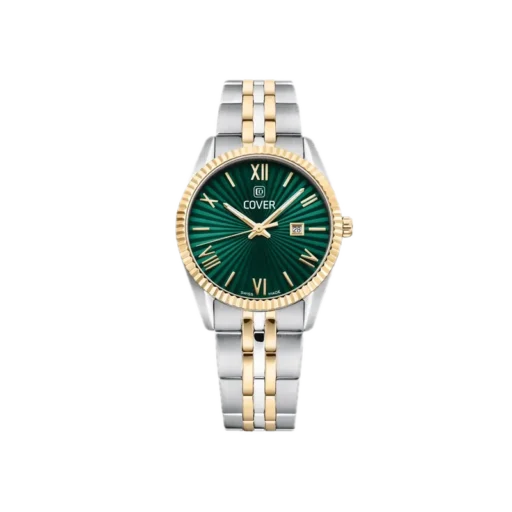 Elegancki damski zegarek COVER Alston Lady o średnicy 30 mm. Model wyróżnia się zieloną, promienistą tarczą ozdobioną złotymi indeksami i cyframi rzymskimi. Koperta wykonana ze stali nierdzewnej w dwukolorowym wykończeniu: srebrnym i złotym. Bransoleta również jest dwukolorowa, łącząc stal nierdzewną ze złotymi akcentami. Zegarek wyposażony w datownik na godzinie 3, co dodaje mu funkcjonalności i stylu, idealnie nadającego się zarówno na codzienne okazje, jak i na bardziej formalne wydarzenia.