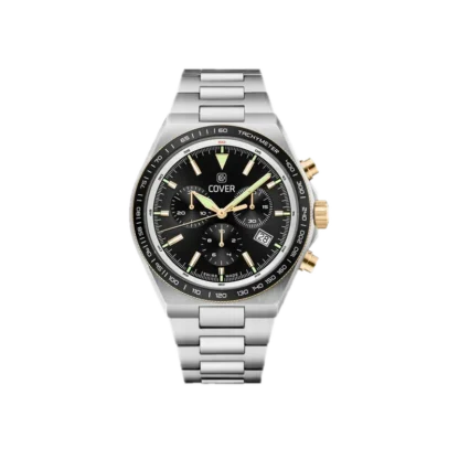 Męski zegarek COVER Iconosteel Chrono o średnicy 41 mm z czarną tarczą i chronografem. Zegarek posiada złote akcenty na wskazówkach i przyciskach, a także datownik i tachymetr. Bransoleta wykonana ze stali nierdzewnej, idealna dla osób ceniących sportowy, a zarazem elegancki design.