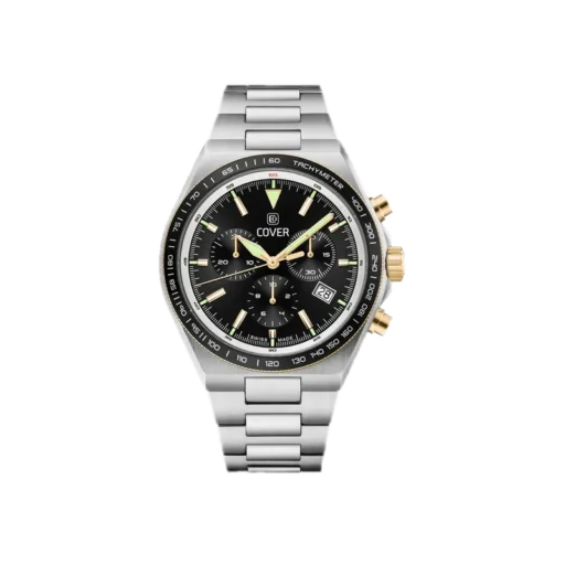 Męski zegarek COVER Iconosteel Chrono o średnicy 41 mm z czarną tarczą i chronografem. Zegarek posiada złote akcenty na wskazówkach i przyciskach, a także datownik i tachymetr. Bransoleta wykonana ze stali nierdzewnej, idealna dla osób ceniących sportowy, a zarazem elegancki design.