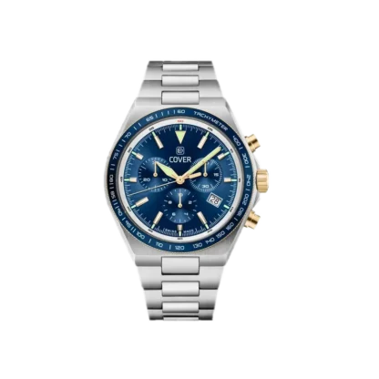 Męski zegarek COVER Iconosteel Chrono o średnicy 41 mm z niebieską tarczą i chronografem. Złote akcenty na wskazówkach oraz przyciskach dodają elegancji. Zegarek wyposażony w datownik, tachymetr, oraz bransoletę ze stali nierdzewnej. Idealny dla osób ceniących styl oraz funkcjonalność w zegarkach sportowych.