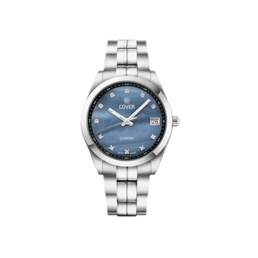 Luksusowy zegarek damski Cover Andara Diamond CO210.01 o średnicy 35mm z niebieską tarczą zdobioną diamentami. Srebrna bransoleta i elegancki design podkreślają wyjątkowy styl, a szwajcarski mechanizm kwarcowy gwarantuje niezawodność.