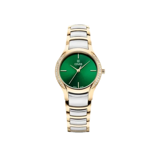 Luksusowy zegarek damski Cover Sandara CO203.04 z 28mm zieloną tarczą i złotą bransoletą, ozdobiony błyszczącymi kryształkami. Idealny wybór dla eleganckiej kobiety ceniącej szwajcarską precyzję i stylowy design.