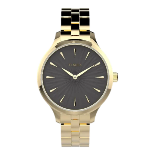 Damski zegarek Timex TW2V06200 w złotej kolorystyce z czarną tarczą oraz złotą bransoletą, minimalistyczny design z delikatnymi złotymi indeksami.