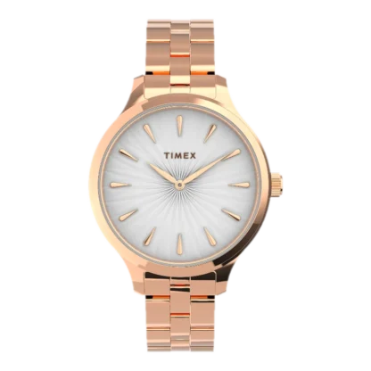 Damski zegarek Timex TW2V06300 w kolorze różowego złota, z białą tarczą i złotymi indeksami. Elegancka bransoleta oraz minimalistyczny design.