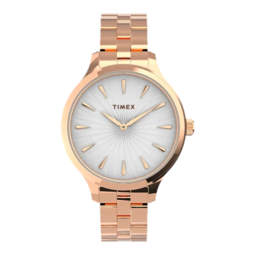 Damski zegarek Timex TW2V06300 w kolorze różowego złota, z białą tarczą i złotymi indeksami. Elegancka bransoleta oraz minimalistyczny design.