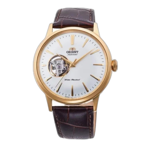 Elegancki męski zegarek Orient RA-AG0003S10B z automatycznym mechanizmem, złotą kopertą, białą tarczą oraz otwartym sercem (Open Heart). Skórzany pasek i klasyczny design podkreślają luksusowy charakter czasomierza.