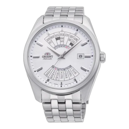 Zegarek Orient RA-BA0004S10B Automatic z elegancką srebrną tarczą i wiecznym kalendarzem. Mechanizm automatyczny, stalowa koperta i bransoleta tworzą idealne połączenie klasyki i nowoczesności. Idealny wybór dla miłośników funkcjonalnej elegancji.