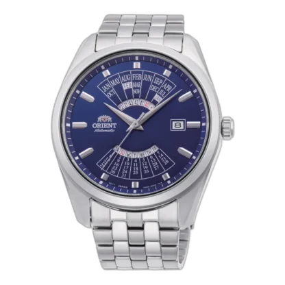 Elegancki zegarek męski Orient RA-BA0003L10B z niebieską tarczą i funkcją wiecznego kalendarza. Wyposażony w mechanizm automatyczny, stalową kopertę oraz bransoletę. Idealny wybór dla miłośników precyzji i ponadczasowego stylu.