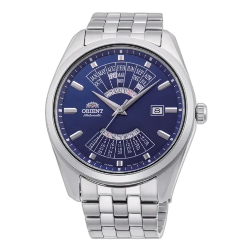 Elegancki zegarek męski Orient RA-BA0003L10B z niebieską tarczą i funkcją wiecznego kalendarza. Wyposażony w mechanizm automatyczny, stalową kopertę oraz bransoletę. Idealny wybór dla miłośników precyzji i ponadczasowego stylu.