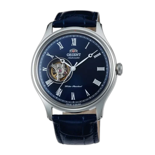 Elegancki zegarek męski Orient FAG00004D0 z granatową tarczą, rzymskimi cyframi i wyeksponowanym mechanizmem Open Heart. Styl i precyzja w klasycznym wydaniu.