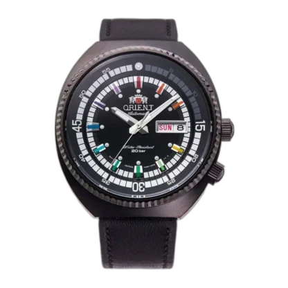 Męski zegarek Orient Neo Classic Sports RA-AA0E07B19B z czarną tarczą i wielokolorowymi detalami. Wyposażony w automatyczny mechanizm, wodoodporność do 20 barów oraz czarny skórzany pasek. Idealne połączenie elegancji i sportowego stylu.