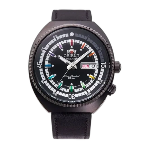 Męski zegarek Orient Neo Classic Sports RA-AA0E07B19B z czarną tarczą i wielokolorowymi detalami. Wyposażony w automatyczny mechanizm, wodoodporność do 20 barów oraz czarny skórzany pasek. Idealne połączenie elegancji i sportowego stylu.