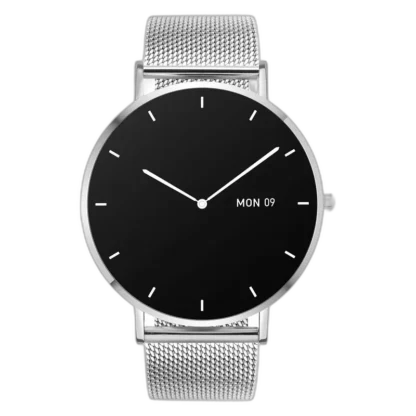 Smartwatch Garett Verona w srebrnej kopercie z czarną tarczą i stalową bransoletą typu mesh. Wyposażony w datownik oraz funkcje monitorowania zdrowia. Idealny dla osób ceniących elegancję i nowoczesną technologię.