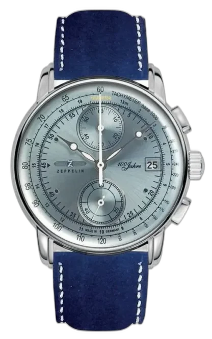 Zegarek męski Zeppelin 100 Jahre 8670-4 z błękitną tarczą, funkcją chronografu, tachometrem i datownikiem, na eleganckim granatowym skórzanym pasku z przeszyciami, wyprodukowany w Niemczech z okazji 100-lecia marki.