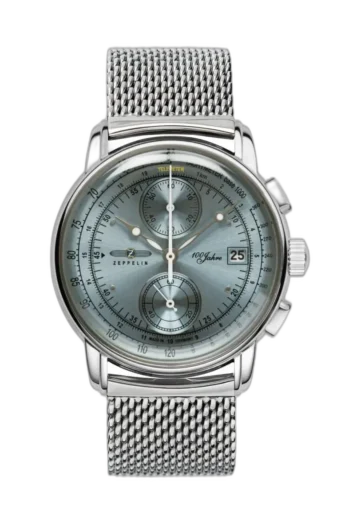 Zegarek męski Zeppelin 100 Jahre 8670M-4 z błękitną tarczą, funkcją chronografu, tachometrem i datownikiem, na eleganckiej stalowej bransolecie mesh, wyprodukowany w Niemczech z okazji 100-lecia marki.