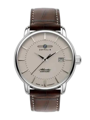 Zegarek Zeppelin Atlantic Automatic 8452-5 z kremową tarczą i eleganckim brązowym paskiem ze skóry. Klasyczny design z funkcją datownika oraz precyzyjny mechanizm automatyczny. Wykonany w Niemczech, idealny dla osób ceniących styl i jakość.