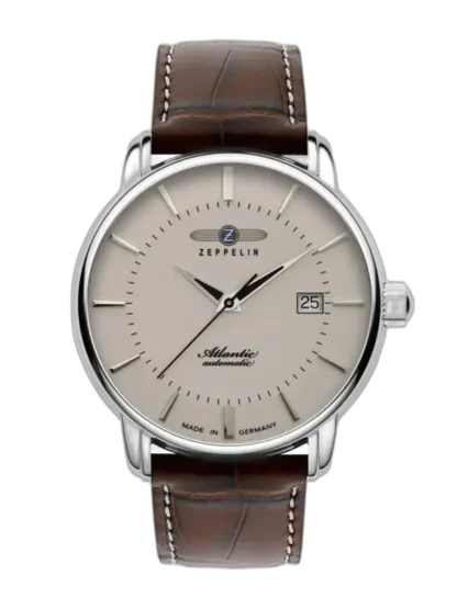 Zegarek Zeppelin Atlantic Automatic 8452-5 z kremową tarczą i eleganckim brązowym paskiem ze skóry. Klasyczny design z funkcją datownika oraz precyzyjny mechanizm automatyczny. Wykonany w Niemczech, idealny dla osób ceniących styl i jakość.