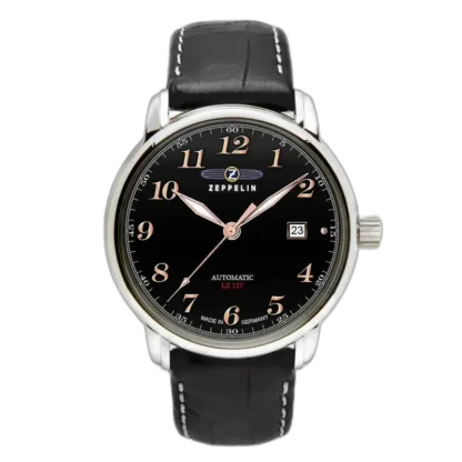 Zegarek męski Zeppelin LZ127 7656-2 Automatic z czarną tarczą, funkcją datownika i eleganckim czarnym skórzanym paskiem z przeszyciami, klasyczny czasomierz wyprodukowany w Niemczech.