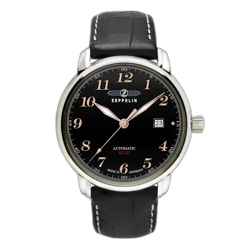 Zegarek męski Zeppelin LZ127 7656-2 Automatic z czarną tarczą, funkcją datownika i eleganckim czarnym skórzanym paskiem z przeszyciami, klasyczny czasomierz wyprodukowany w Niemczech.