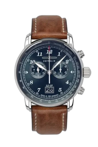 Elegancki zegarek Zeppelin LZ127 8682-3 z granatową tarczą i srebrnymi wskazówkami. Wyposażony w chronograf, datownik z dużym okienkiem przy godzinie 6 i funkcję tachometru. Stalowa koperta kontrastuje z brązowym skórzanym paskiem, dodając klasy i stylu. Precyzyjne wykonanie w niemieckim stylu, idealne dla miłośników klasycznych i funkcjonalnych zegarków.