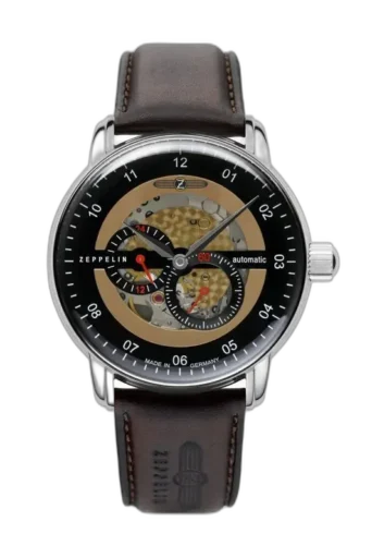 Męski zegarek Zeppelin New Captain’s Line 8664-5 Automatic z czarną tarczą typu skeleton, która ujawnia mechanizm automatyczny. Wyposażony w brązowy skórzany pasek z logo Zeppelin, wyprodukowany w Niemczech. Elegancja i precyzja w jednym.