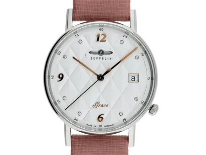 Elegancki zegarek damski Zeppelin Grace Lady 7441-1 z białą tarczą ozdobioną kryształkami, datownikiem i różowym skórzanym paskiem. Luksus i styl w niemieckim wydaniu.