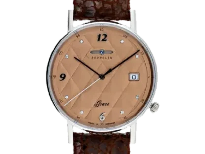 Stylowy zegarek damski Zeppelin Grace Lady 7441-5 z elegancką brązową tarczą ozdobioną kryształkami i skórzanym paskiem w fakturze. Idealny na co dzień i wyjątkowe okazje.