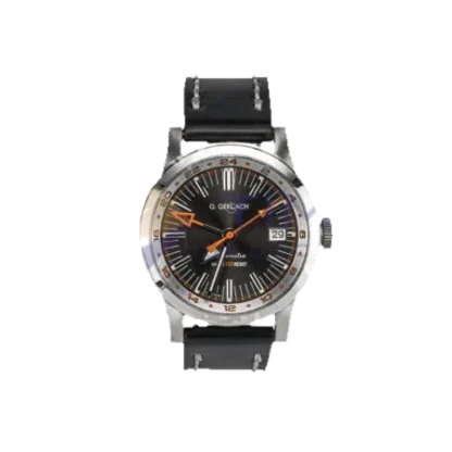 Zegarek męski G. Gerlach Navigator MK 3 GMT z czarną tarczą o nowoczesnym i sportowym designie. Wyraziste, pomarańczowe akcenty na wskazówkach oraz indeksach godzinowych podkreślają dynamiczny charakter zegarka i poprawiają czytelność. Na godzinie 3 umieszczono okienko datownika. Tarcza jest otoczona obrotowym pierścieniem z oznaczeniami 24-godzinnymi, co podkreśla funkcję GMT, idealną dla osób podróżujących między strefami czasowymi. Srebrna koperta ze stali nierdzewnej kontrastuje z czarnym skórzanym paskiem, nadając zegarkowi elegancki i jednocześnie sportowy wygląd.