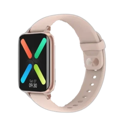 Elegancki smartwatch Garett BeFit Sport RT w różowym kolorze, z prostokątnym wyświetlaczem i silikonowym paskiem. Wyposażony w funkcje monitorowania zdrowia i aktywności, powiadomienia oraz wielokolorowy motyw ekranu. Idealny do stylowego codziennego użytku i sportu.